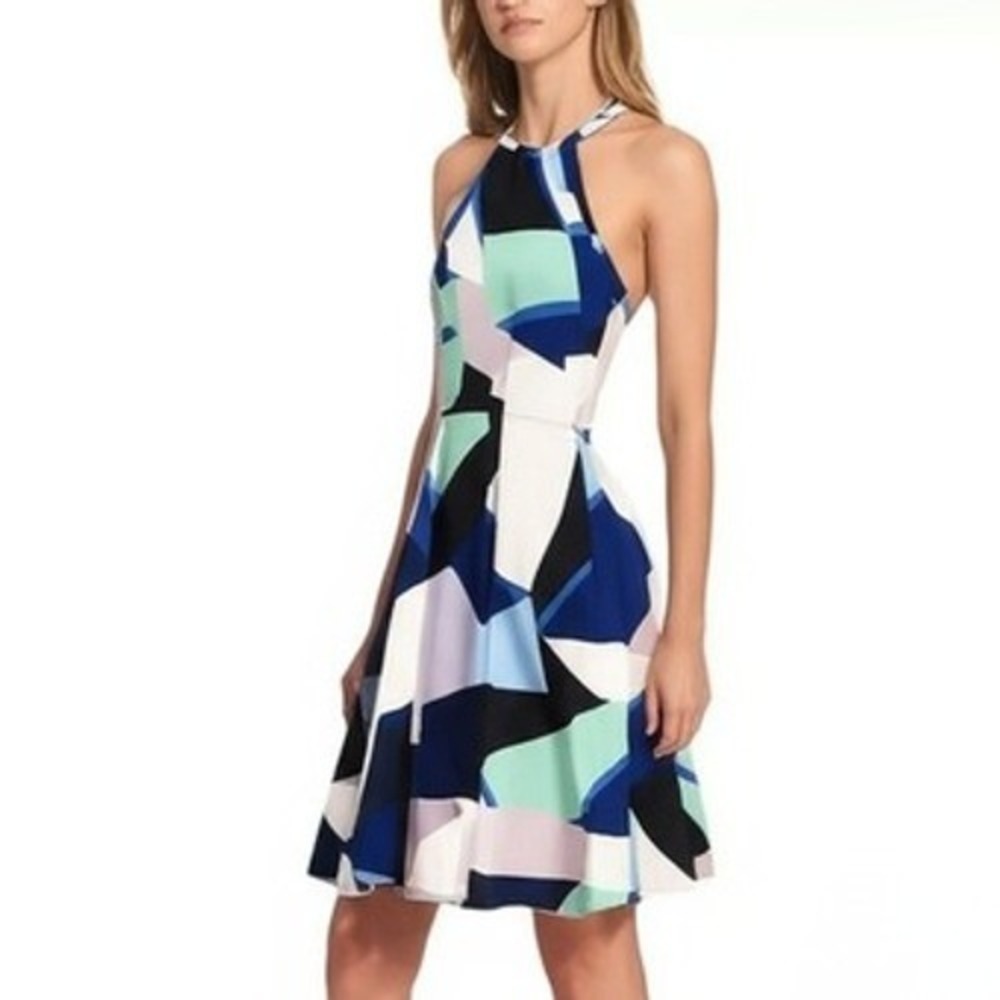 Vince Camuto Halter Dress Size 4 Multicolor Geometric Fit Flare Modern Chic NEW